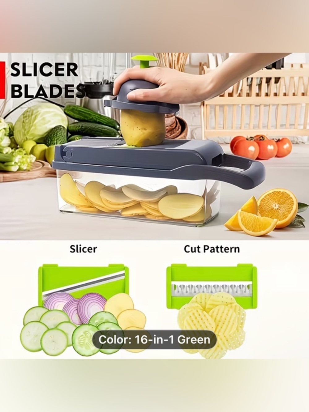 16-in-1 Green Multi-Function Vegetable Chopper and Slicer - Picture 4 of 8